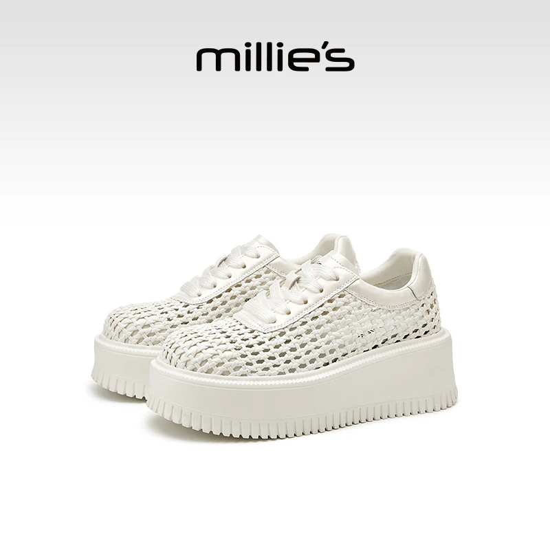 MILLIE'S/妙丽2025新款镂空厚底休闲鞋小个子增高编织透气网鞋