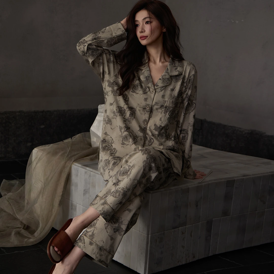 纯棉睡衣女2025新款秋季长袖长裤翻领开衫家居服可外穿高级感套装