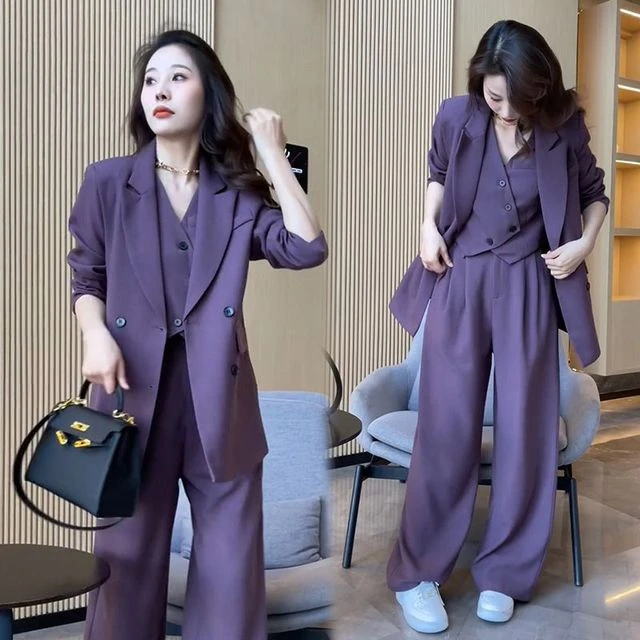 时尚西服装女春季新款洋气休闲外韩版职业西装阔腿裤三件女