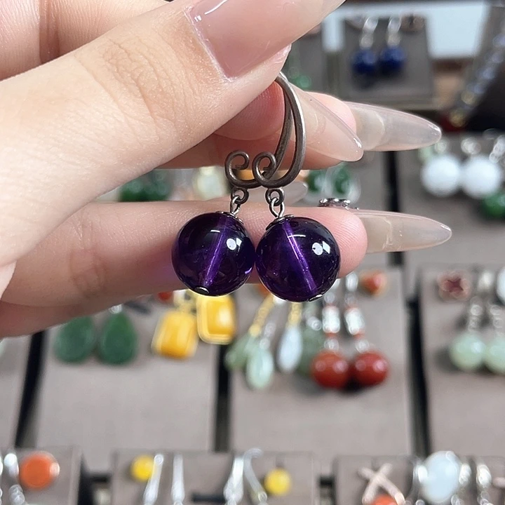 紫晶耳饰银S925镶嵌12左右