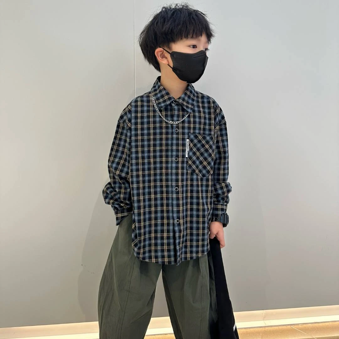 2024春装新款男童时尚口袋贴标格子衬衫中大童衬衣儿童上衣童装