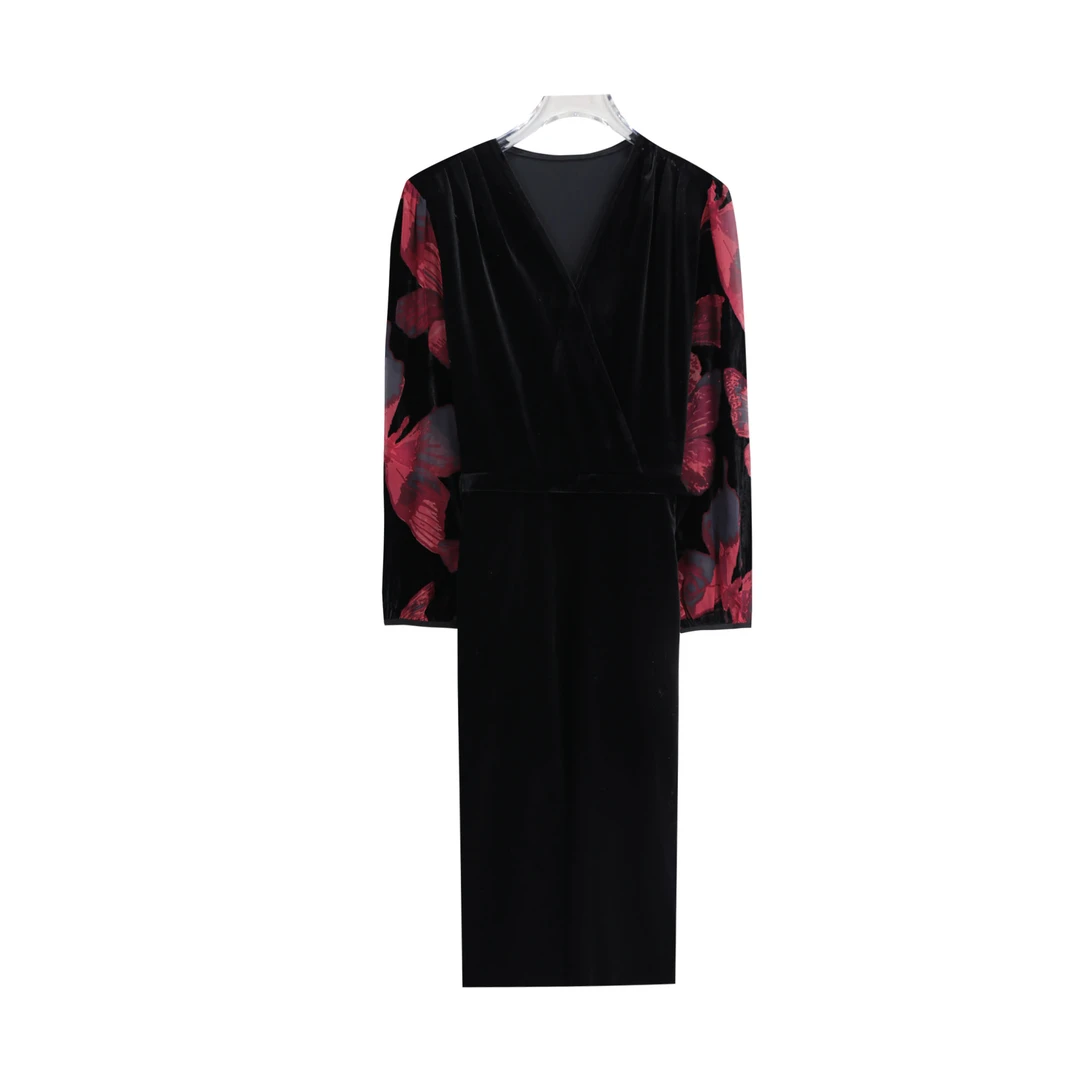 法式V领收腰拼接印花袖显瘦百搭连衣裙S4550