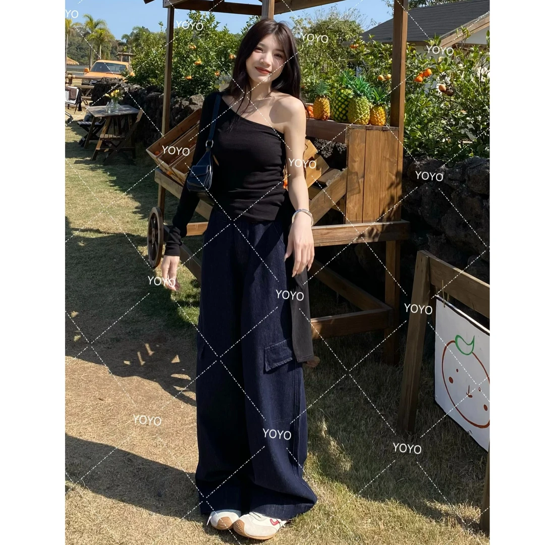 YOYO自制【丹宁蓝】春款辣妹复古宽松水洗牛仔阔腿牛仔裤