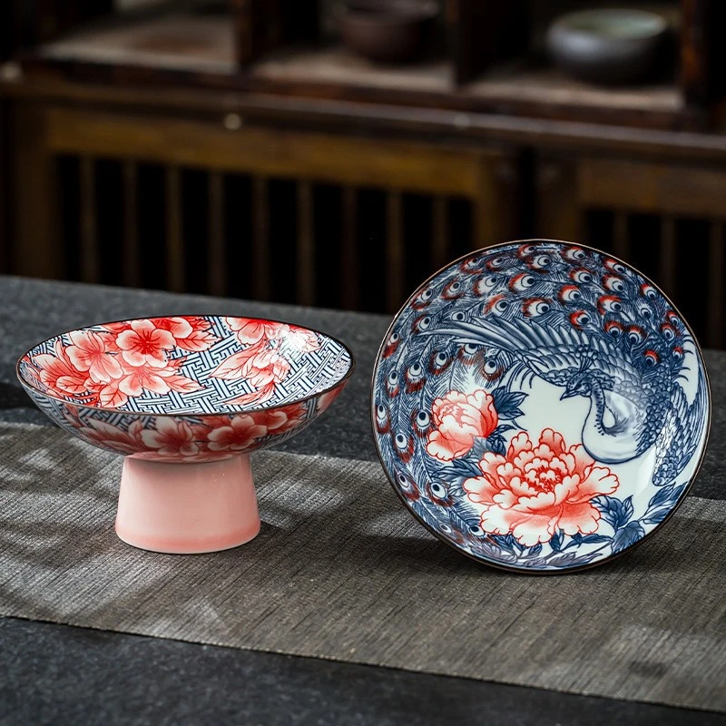 复古青花中式茶点盘高脚水果盘小碟子中式零食点心干果碗陶瓷托盘