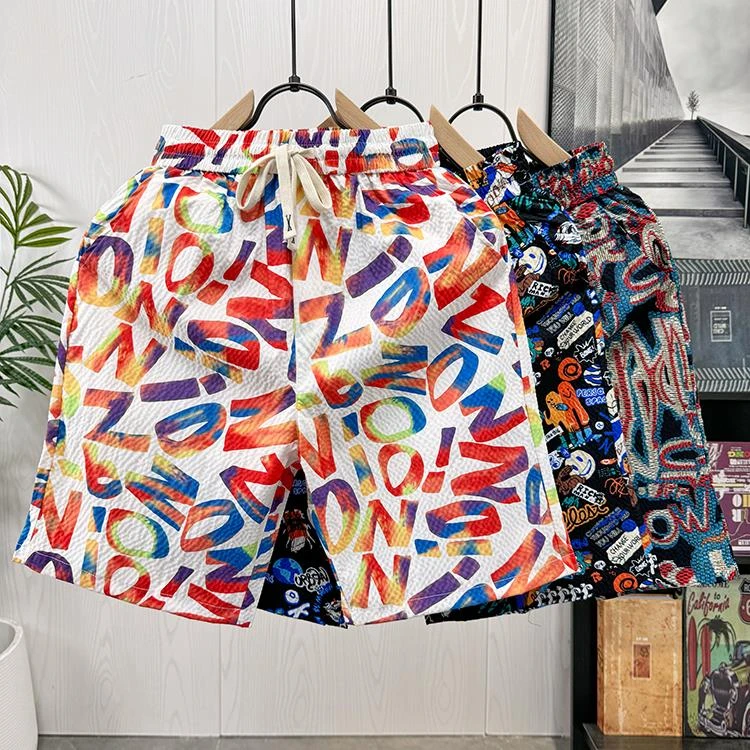男装夏季潮流满印彩虹字母泡泡纱休闲短裤男士宽松舒适五分裤202