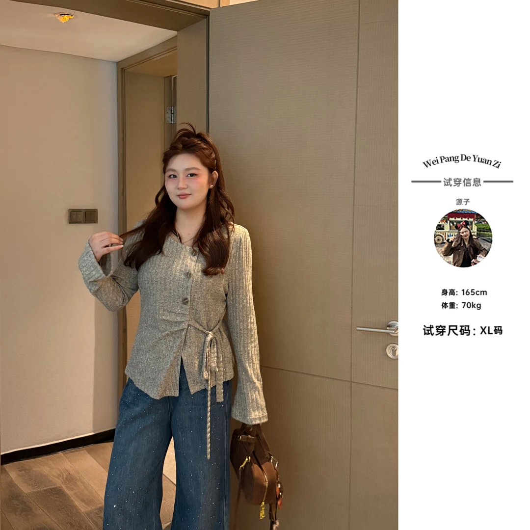 楠序【温柔陷阱】源子微胖女装 2025年秋不规则显瘦毛针织衫YZ37062