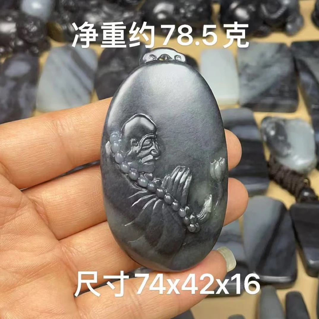 处理 天然和田玉籽 料青花手工雕刻达摩悟道手把件