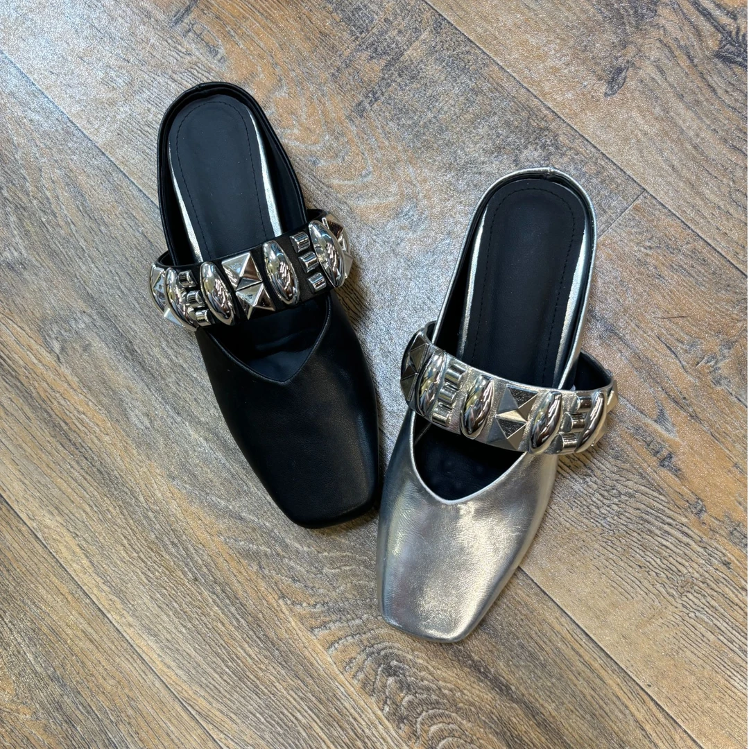 4.5cm/甜酷英伦风金属单鞋女内增高外穿包头拖方头一字带半拖