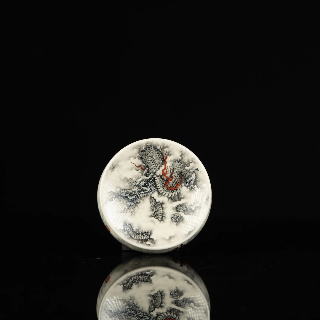【利贞】红绿彩2号釉墨彩龙纹盖置 约9.5cm 纯手绘制茶具LQT