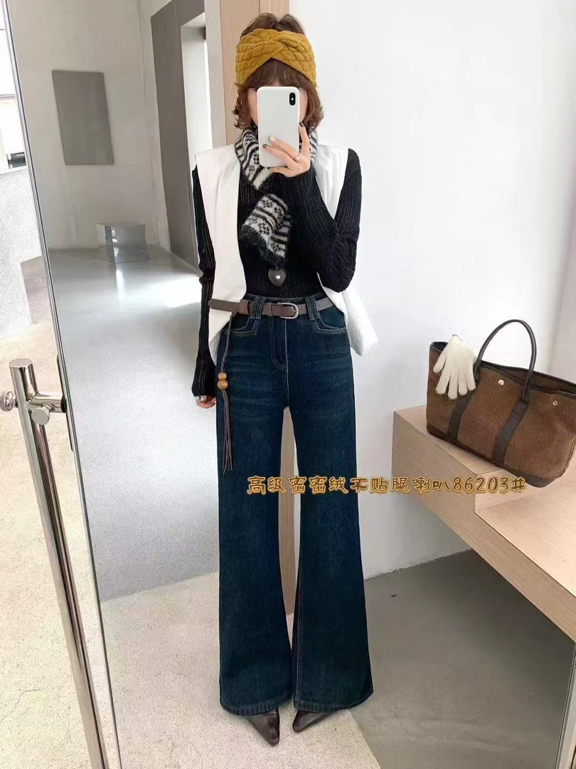 KJ86203加绒加厚高腰宽松力微喇牛仔裤
