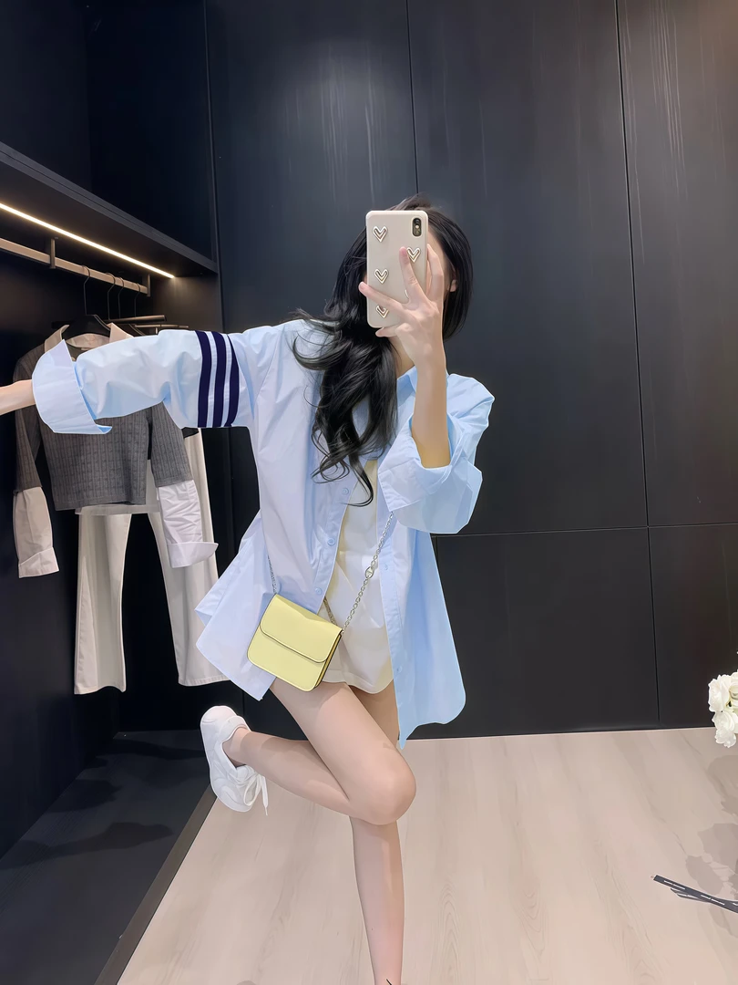 早秋新款简约蓝色衬衫女中长款宽松显瘦百搭通勤防嗮衬衣开衫外套