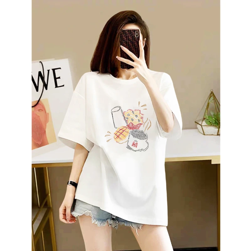 夏季新款纯棉宽松圆领大码女款显瘦潮流印花百搭衣服小众短袖T恤