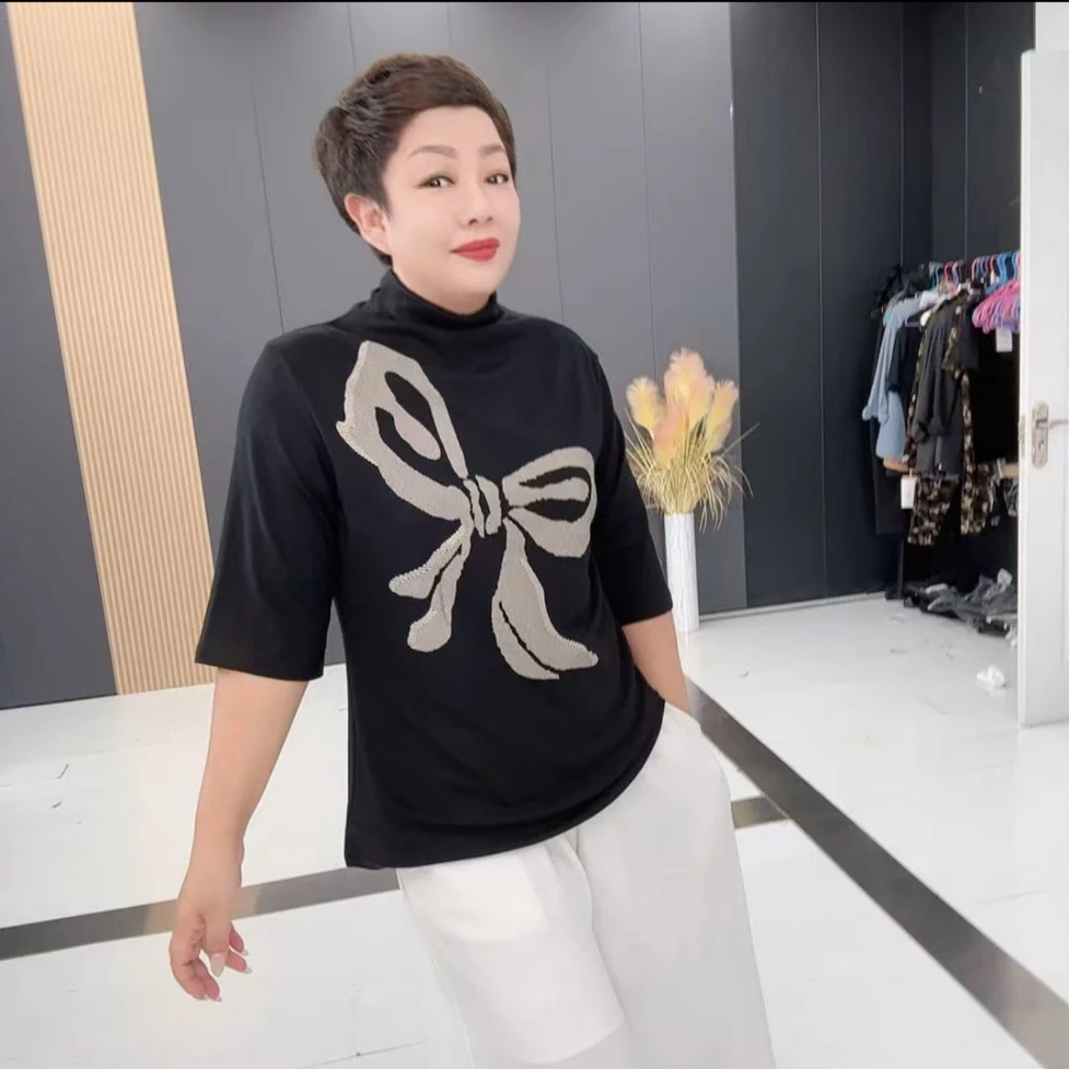 秋季圆领蝴蝶结半高领印花打底衫潮流网红针织时尚休闲百搭-3136