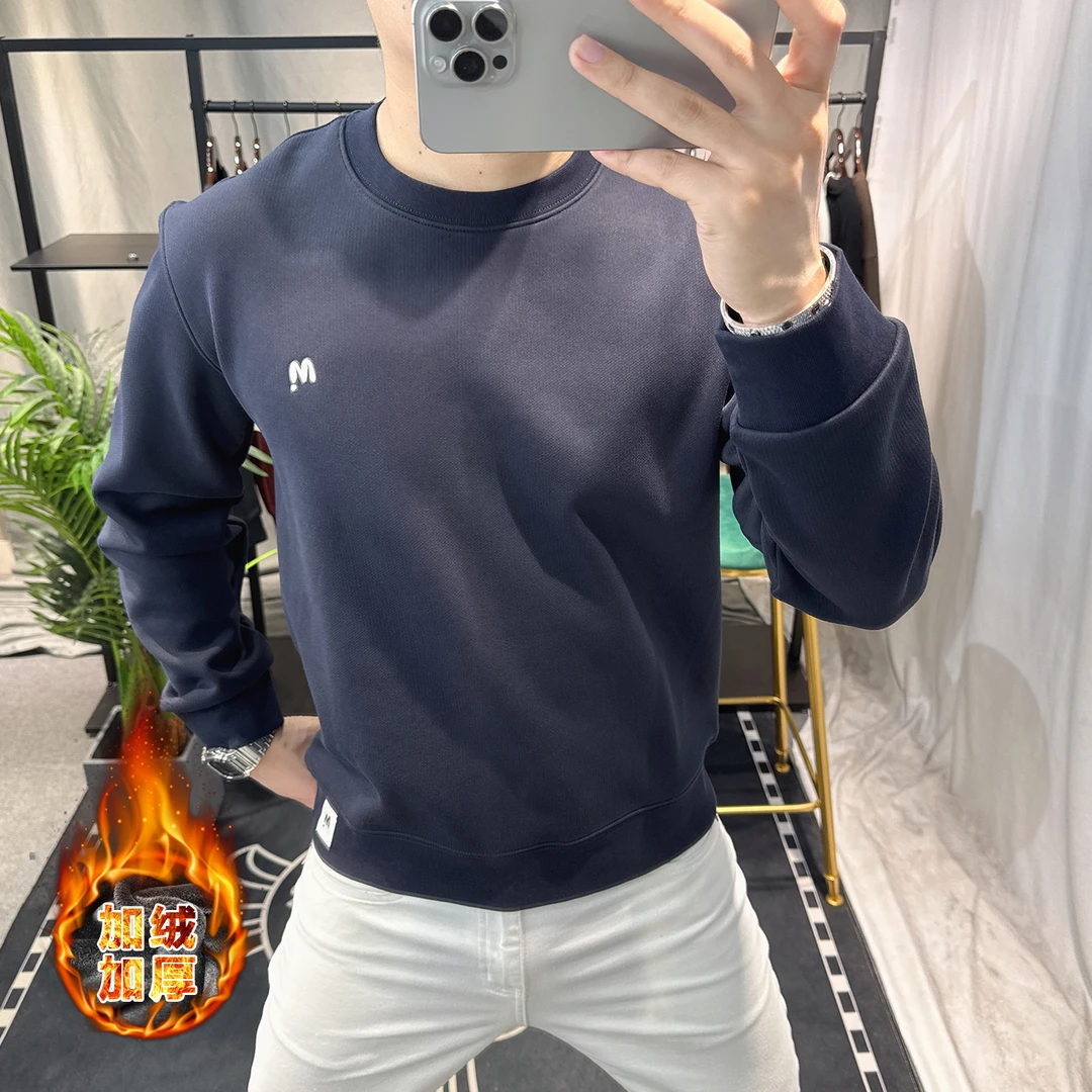 欧洲站高级感字母刺绣圆领卫衣男冬季加绒加厚长袖潮牌上衣打底衫