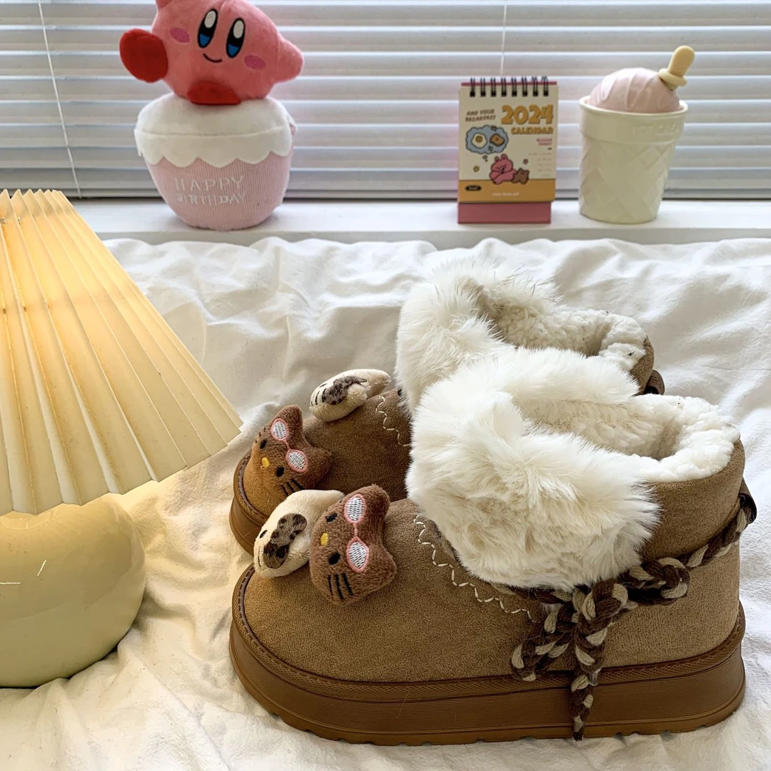 皮毛一体毛绒kt猫厚底雪地靴女2024年秋冬季新款可爱加绒保暖棉鞋