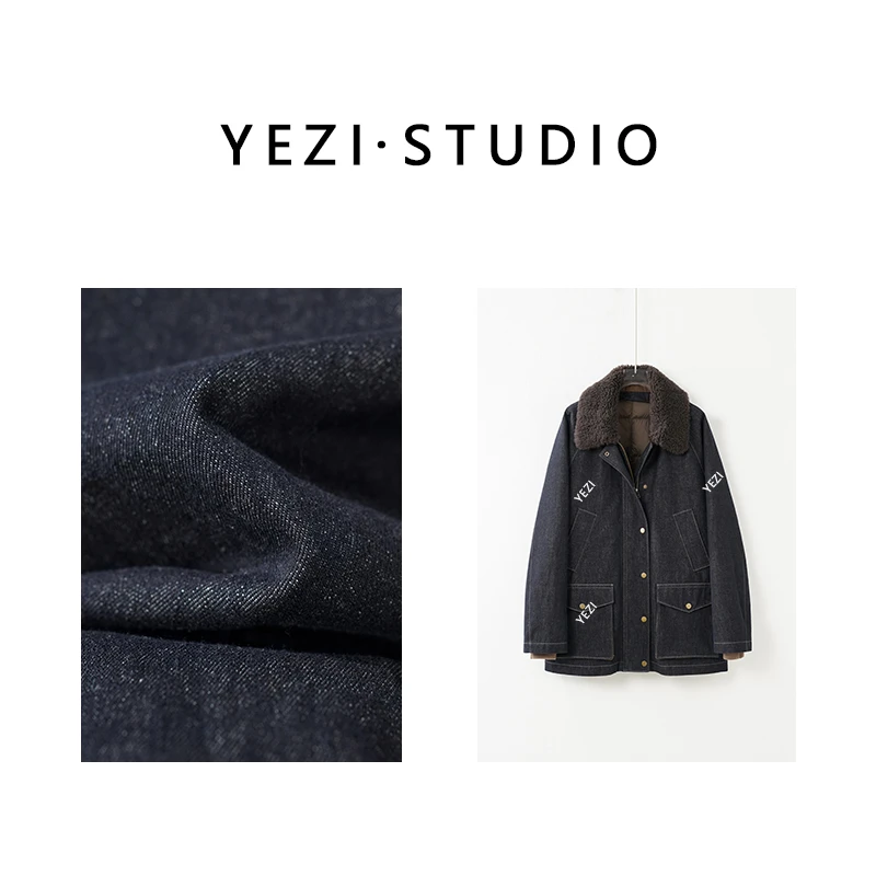 【榛果拿铁】复古牛仔羊.皮毛撞领巴恩可脱卸鹅绒夹克外套25408016