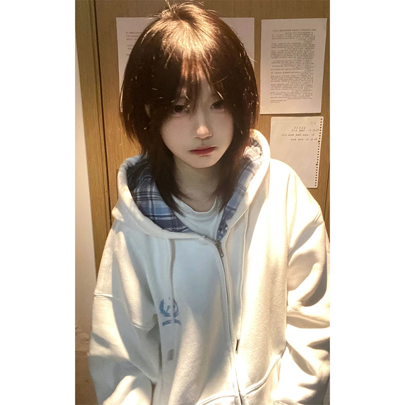 潮牌美式格纹拼接加绒加厚连帽外套女秋冬季oversize宽松开衫卫衣