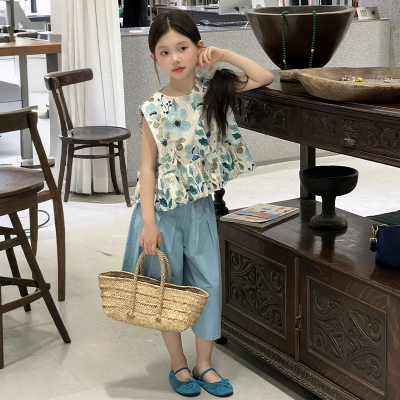 女童夏季套装2025新款洋气时髦儿童无袖碎花衬衫韩系阔腿裤两件套