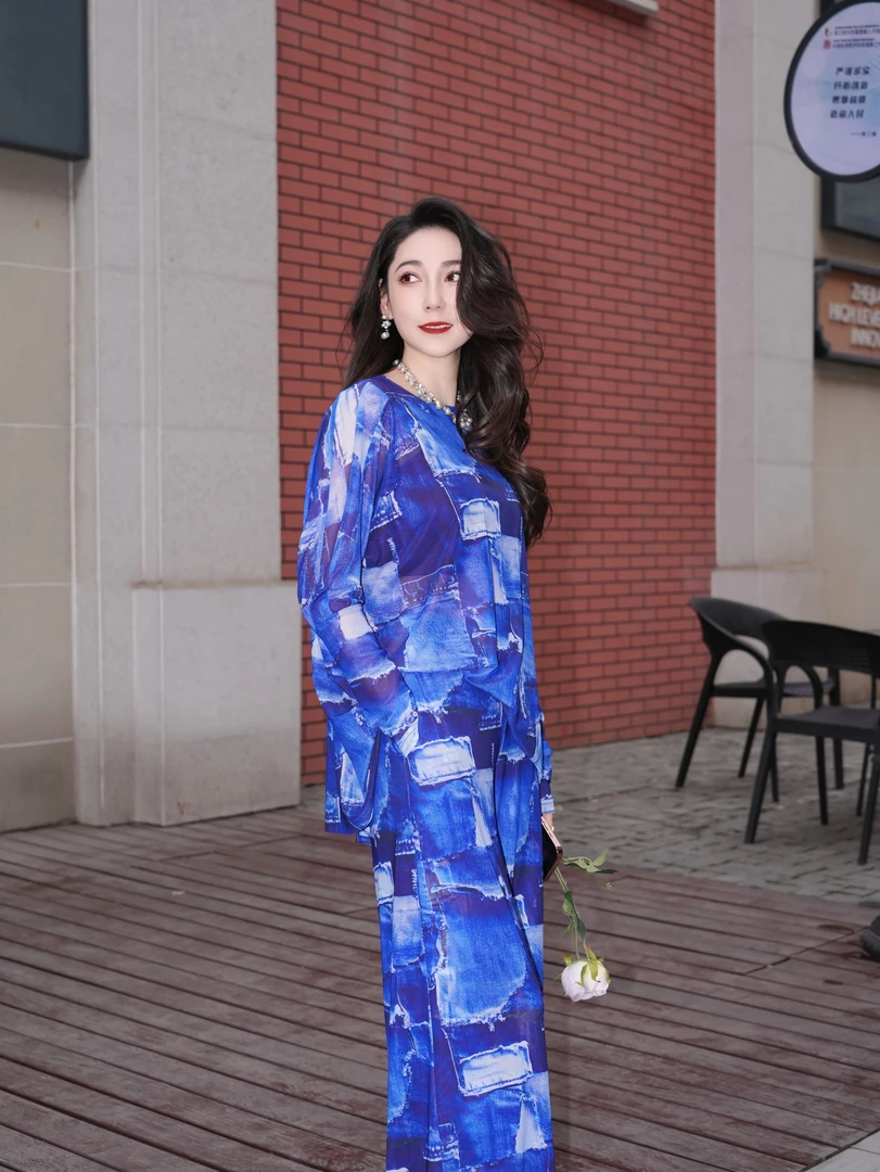 HZHJ原创设计师款蓝格套装裤显瘦高级凉鞋洋气奢1596