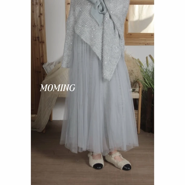 MOMING秋季新品 香草沙 韩系重工针织拼接网纱飘逸感半裙