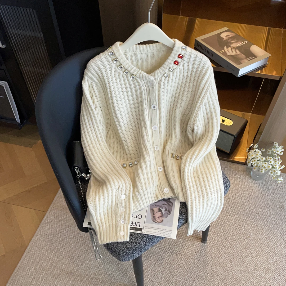 百搭毛衣复古慵懒风重工钉珠高级感圆领长袖开衫女士针织衫DY9845