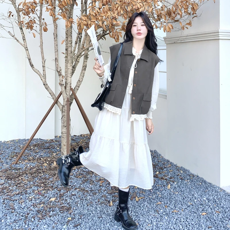 蕾丝拼接马甲长袖连衣裙套装2025新款慵懒公主可爱风一整套两件套