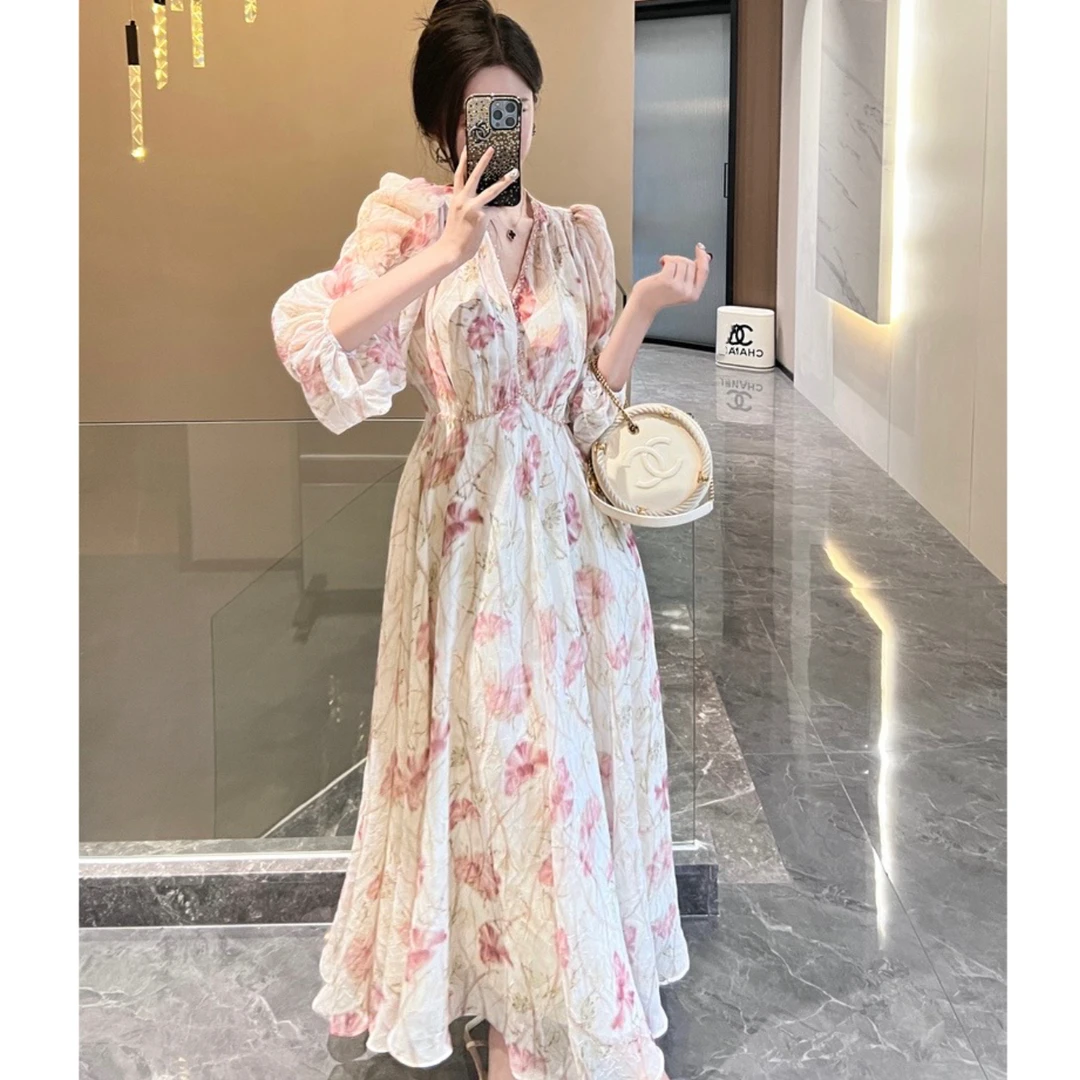 Q 宫廷气质女神范浪漫碎花复古法式茶歇连衣裙-8113