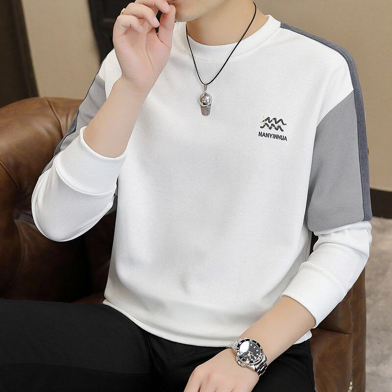 2025春秋男士国潮青年风拼接袖圆领棉质卫衣潮流百搭舒适打底8978