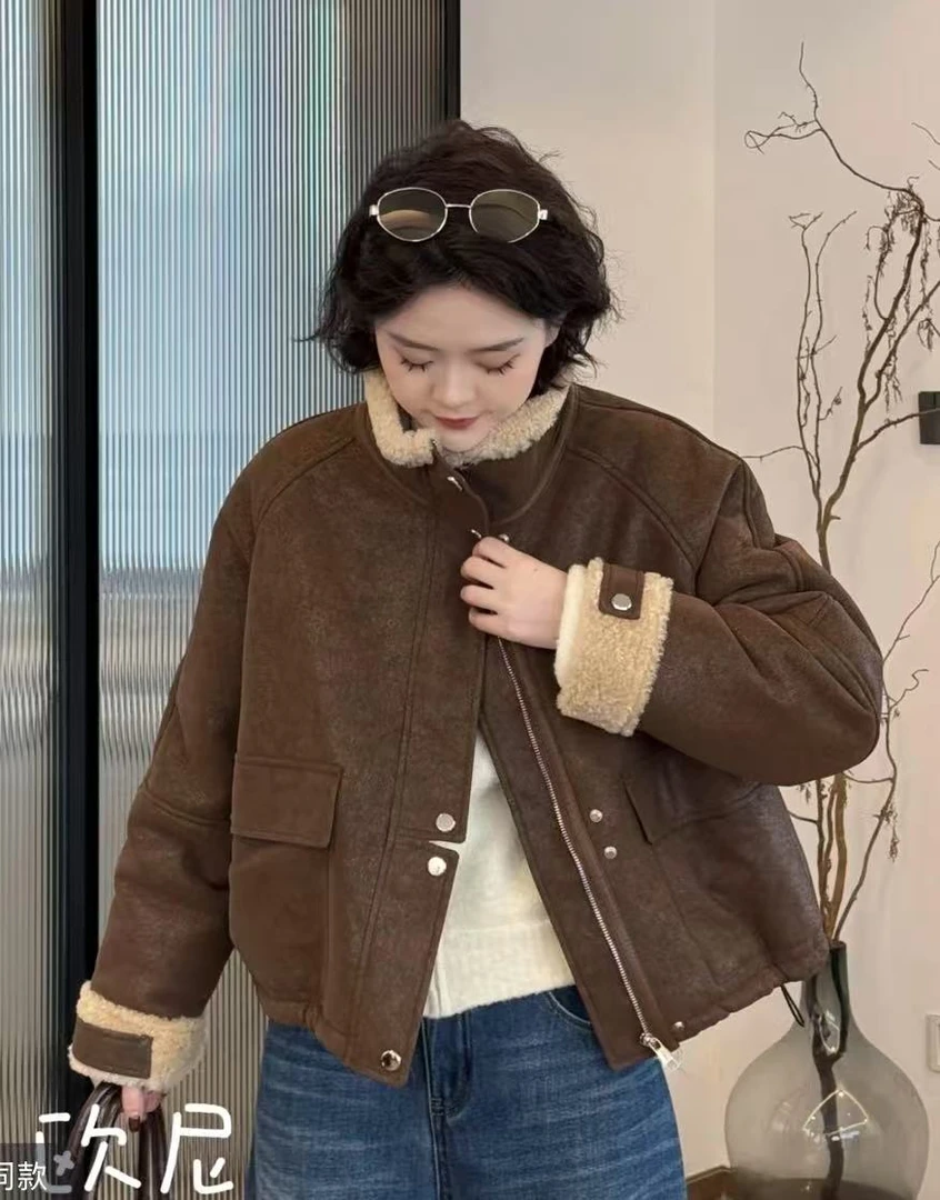 皮毛一体羊羔毛外套女2024新款冬 季夹克骑行机车服