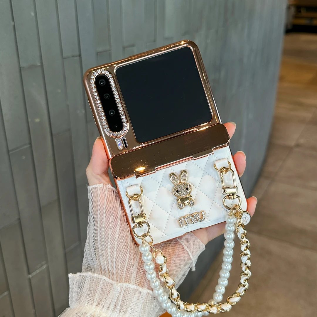 适用华为purax折叠屏手机壳时尚轻奢钻兔铰链全包菱格皮纹保护套