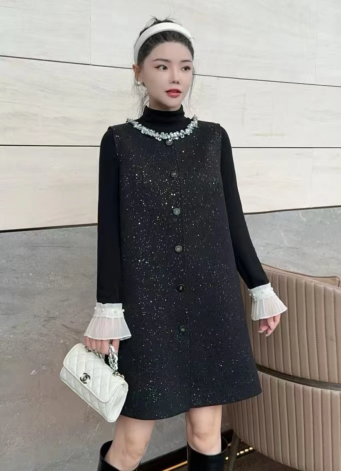 十月大码孕妇小香风两件套连衣裙2025款胖MM轻奢洋气显瘦遮肚1893