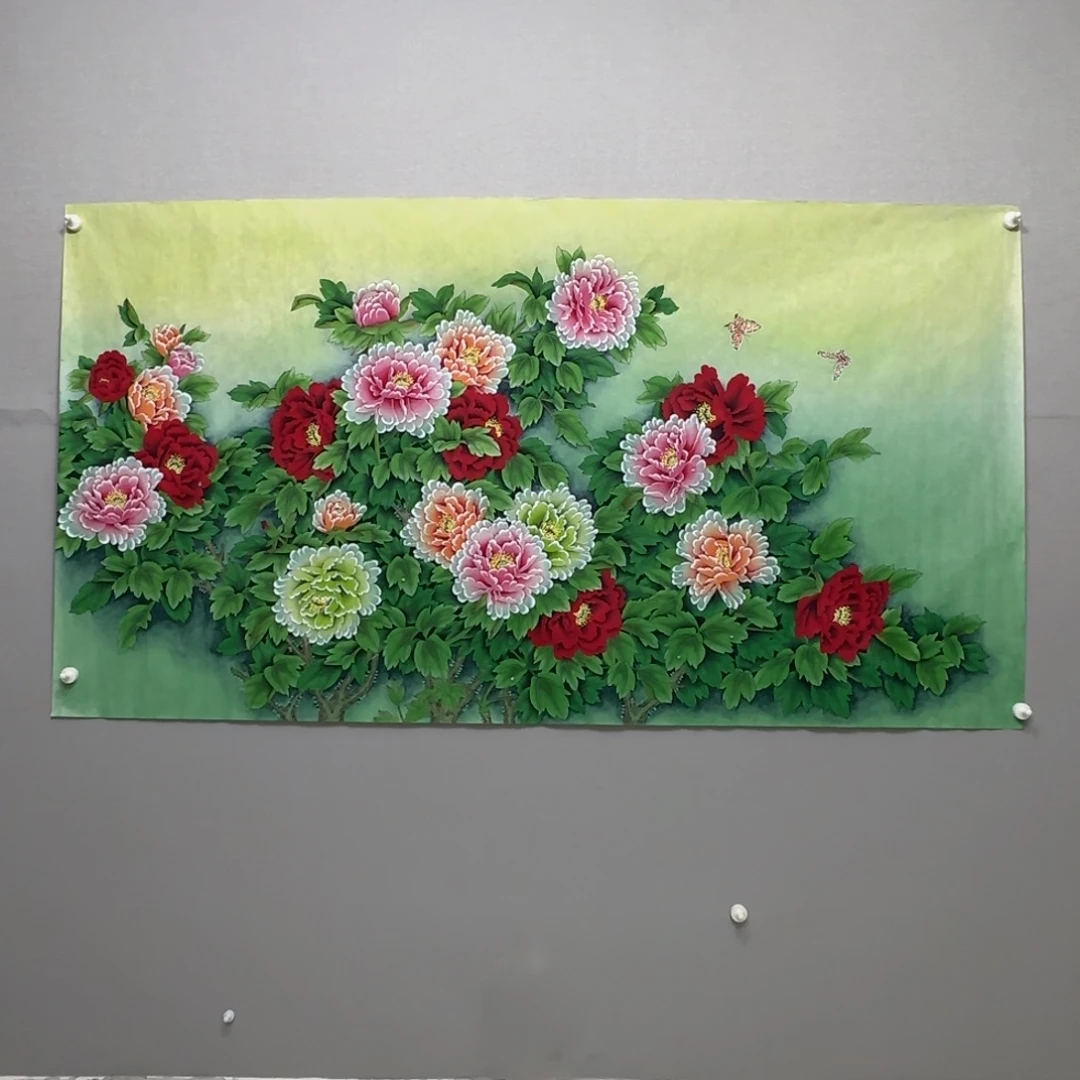 国画横幅六尺工笔花开富贵贾敏