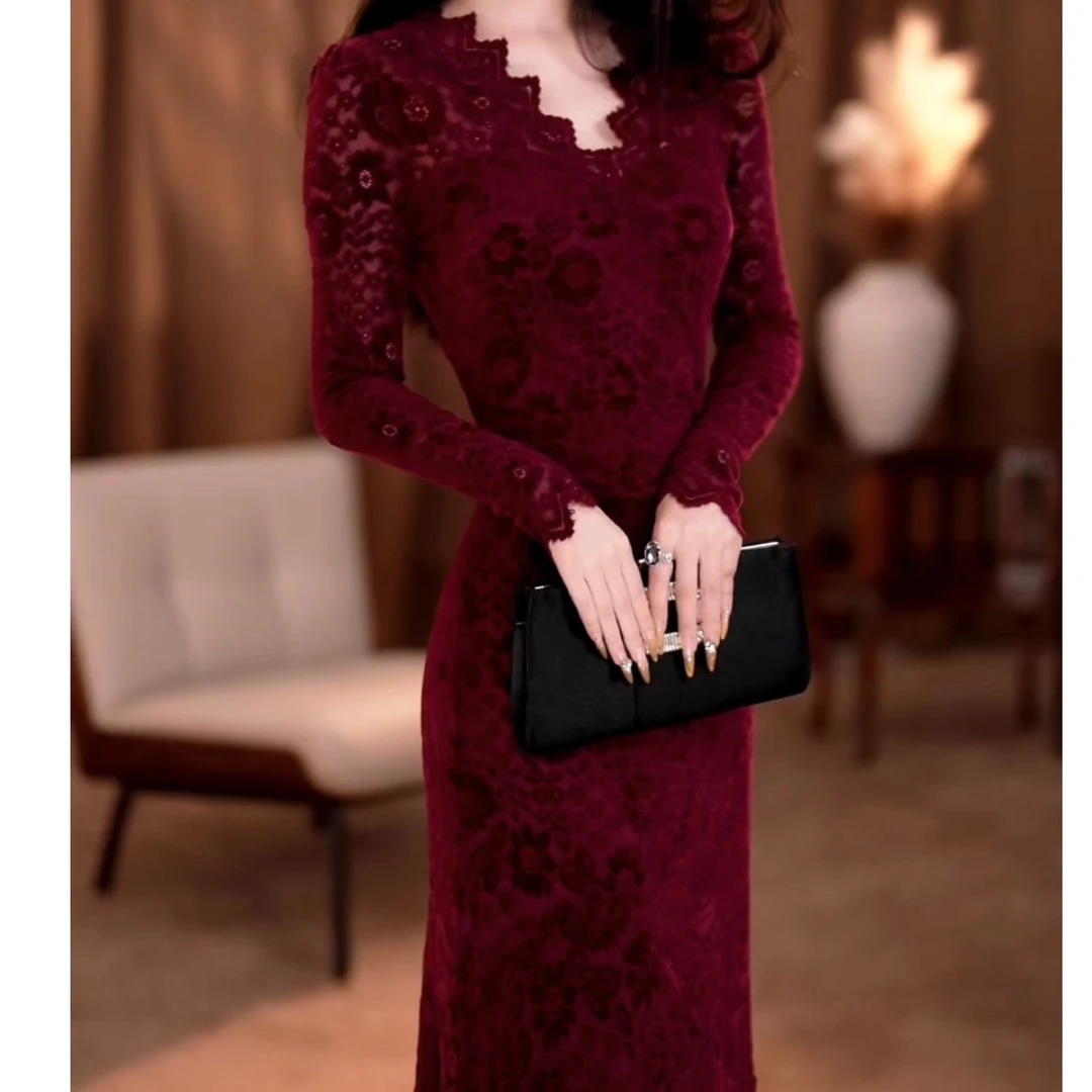 【爱妃】绒花富贵中式古典V领显瘦气质连衣裙-YL20444