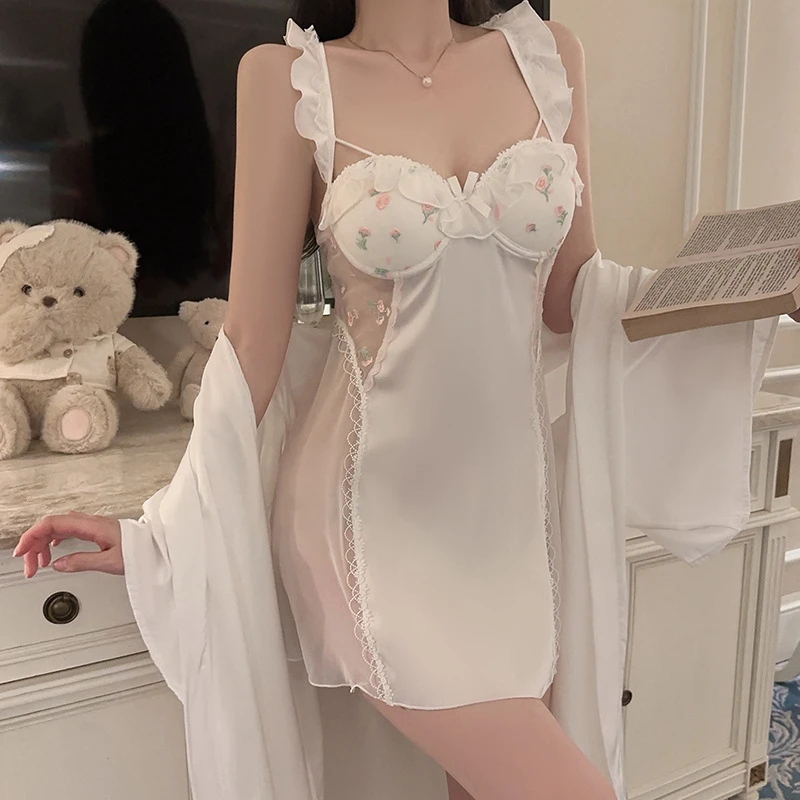 瑰若品牌内衣深V聚拢加胸垫纯欲顺滑缎面睡裙外袍家居服套装