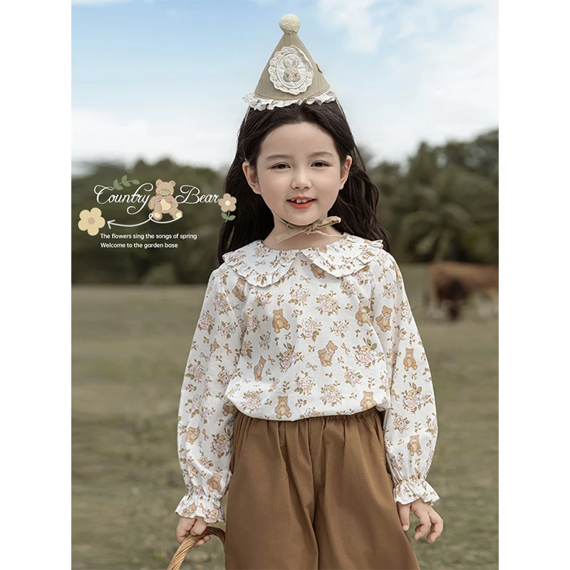 YOEHYAUL/幼悠【田园小熊】春贰波长袖复古春秋洋气女童衬衫潮C3095