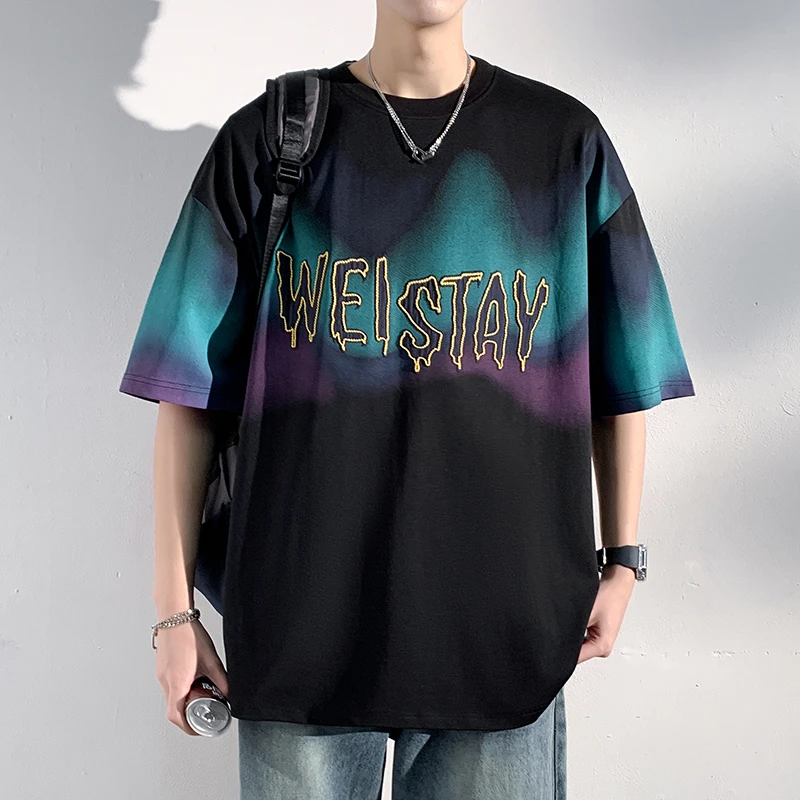 玛斯柏美潮渐变色短袖T恤男士夏季冰丝薄款刺绣潮流圆领上衣男生