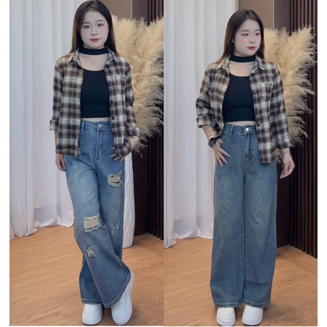 小个子女早秋复古蓝阔腿牛仔裤拖地裤宽松高腰显瘦直筒裤女款爆款