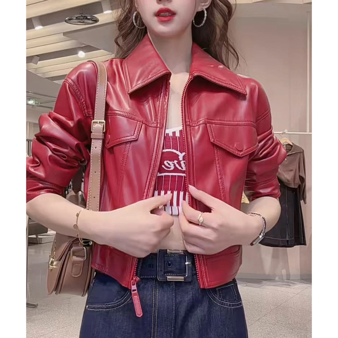 红色皮衣女2025年春季新款翻领皮衣长袖皮夹修身显瘦时尚洋气外套