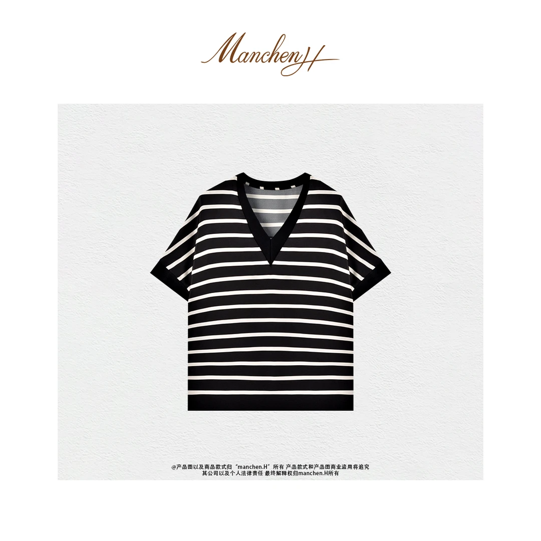 曼辰manchenh"满分入夏"夏日印花桑蚕丝V领上衣