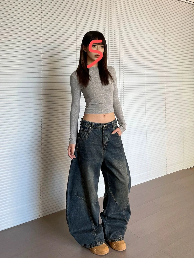 女士高腰显瘦阔腿牛仔裤夏季爆款抽褶设计时尚长裤