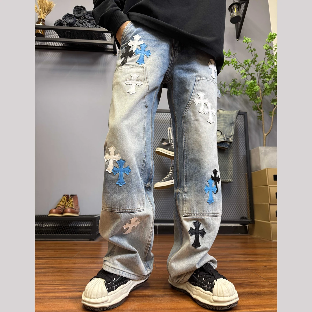 秋季新款复古十字架纽扣贴布无弹力牛仔裤设计感做旧水洗潮流9683