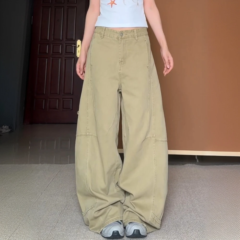 大码美式复古卡其色弯刀牛仔裤男女解构设计感高腰宽松阔腿直筒裤