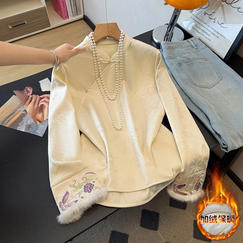 实拍新中式改良加绒加厚毛边立领斜襟长袖提花刺绣汉服复古上衣