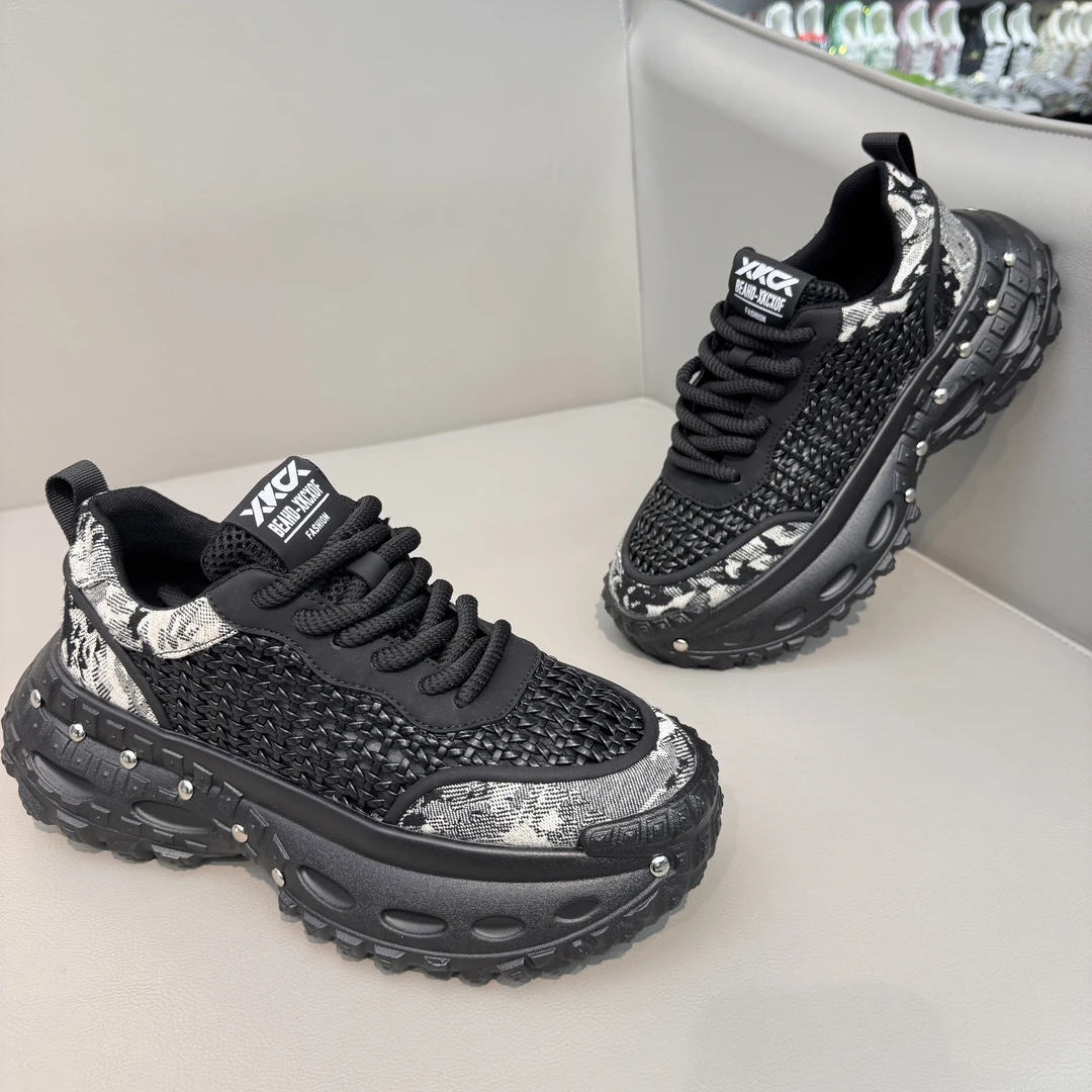 【鞋魔】2025夏季民族风刺绣帆布藤编透气轮胎镂空超软底老爹鞋男鞋