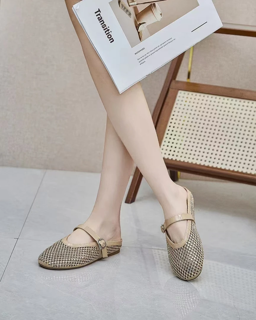 女士夏季新款包头一脚蹬网面镂空水钻百搭温柔风半拖单鞋
