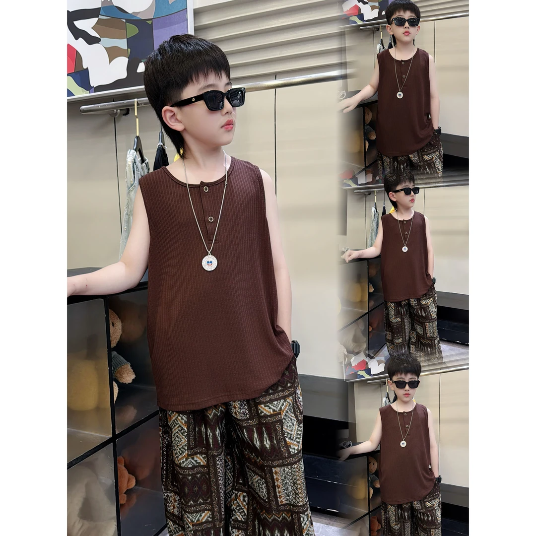 蛋蛋家【棕色纽扣】夏款时尚街头男童棕色纽扣背心