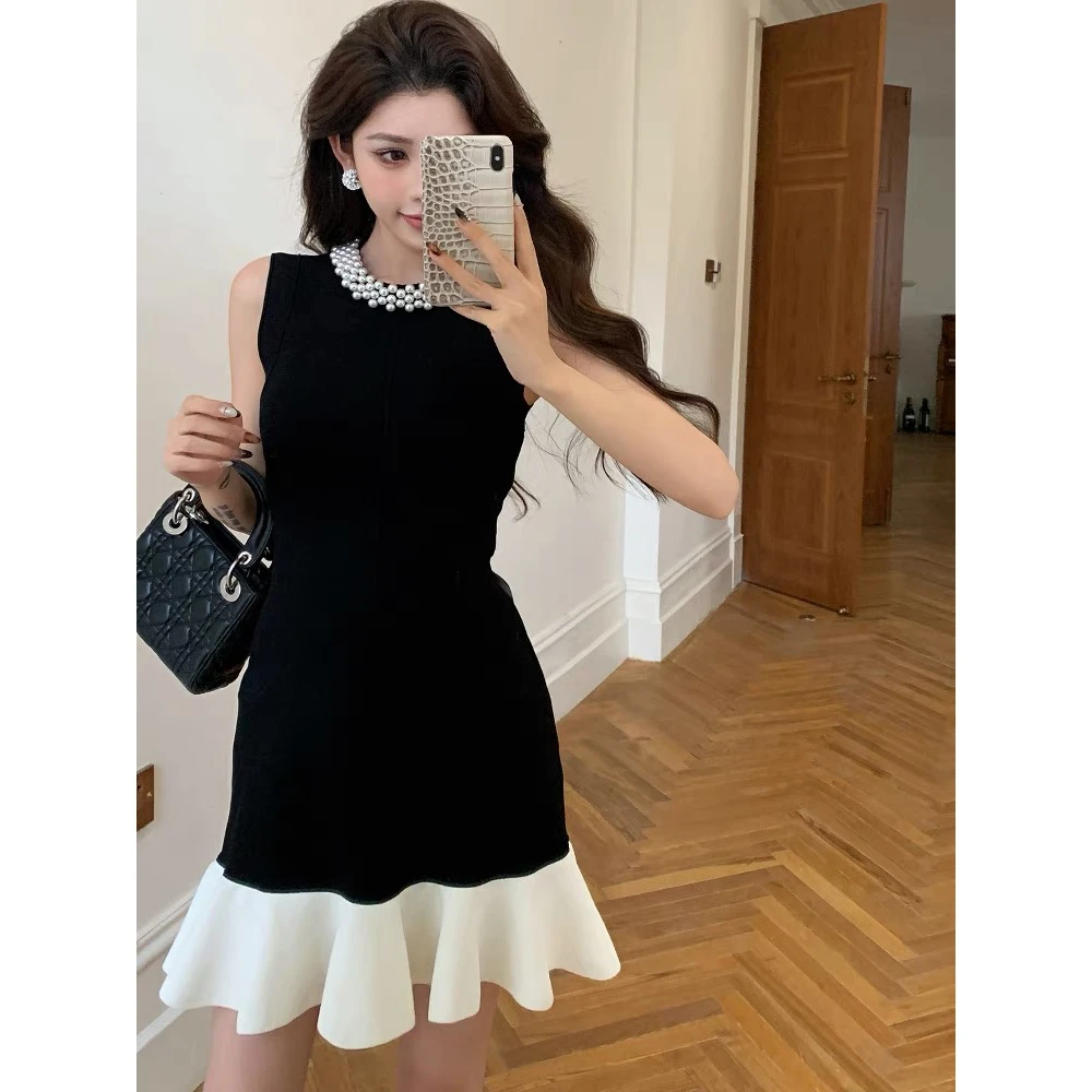 小香风复古重工珍珠领高级感无袖背心连衣裙女夏季法式名媛裙子