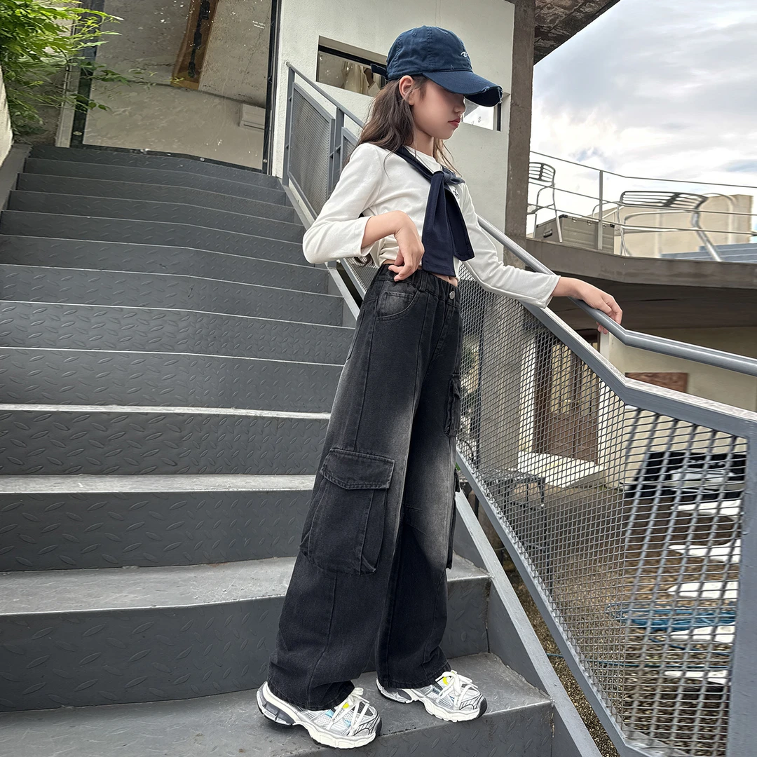 女童秋季直筒牛仔裤新款5-15岁初中生中大童洋气潮酷工装休闲裤潮
