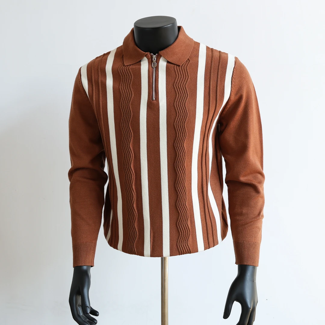高级感撞色半拉链竖条纹针织衫男款秋冬季打底内搭POLO翻领上衣服