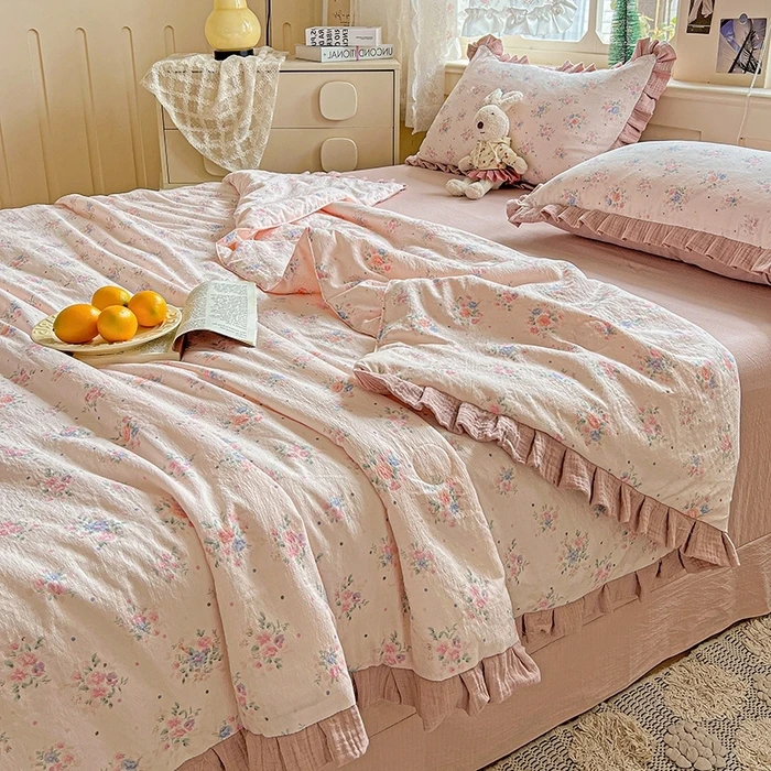 双层纱夏被夏凉被四件套夏季空调被可机洗韩式床单小清新被子花边
